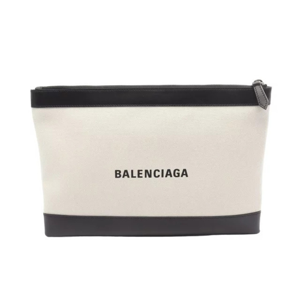 Balenciaga Navy Blue Clip Shoulder Bag Clutch Canvas Leather White Black